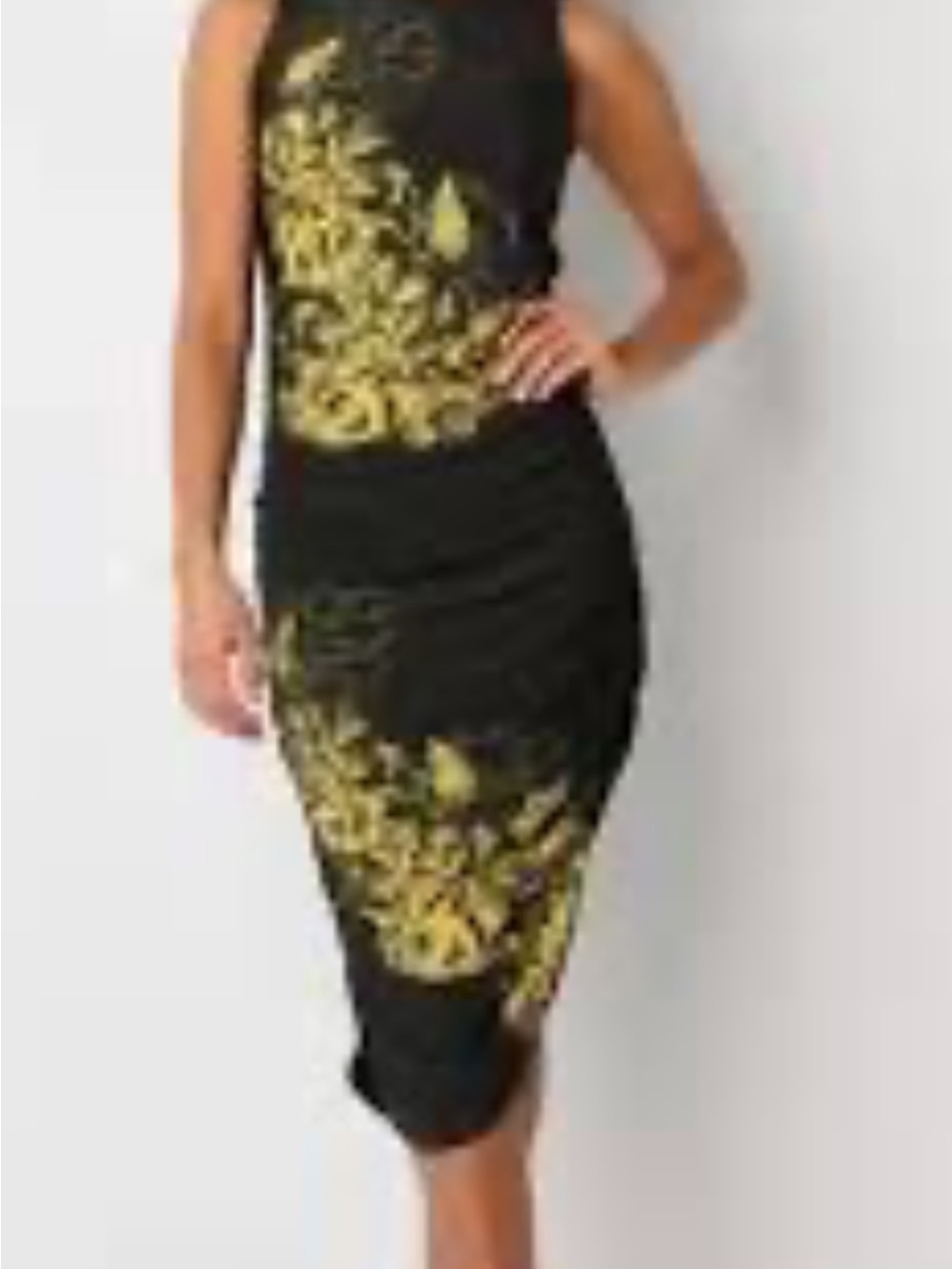 NWOT BOLD elements Black Midi Dress with Yellow Floral Print PXL poly spandex